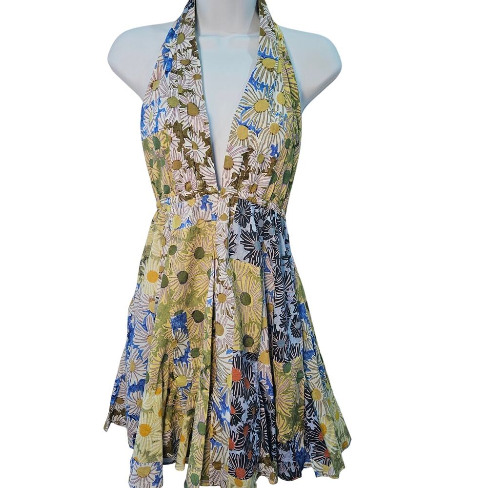 Zara Yellow Floral Halter Mini Dress 100% Cotton Size Small Cottage Boho Garden